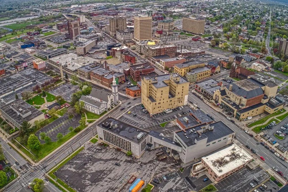 aerial view of downtown utica, ny