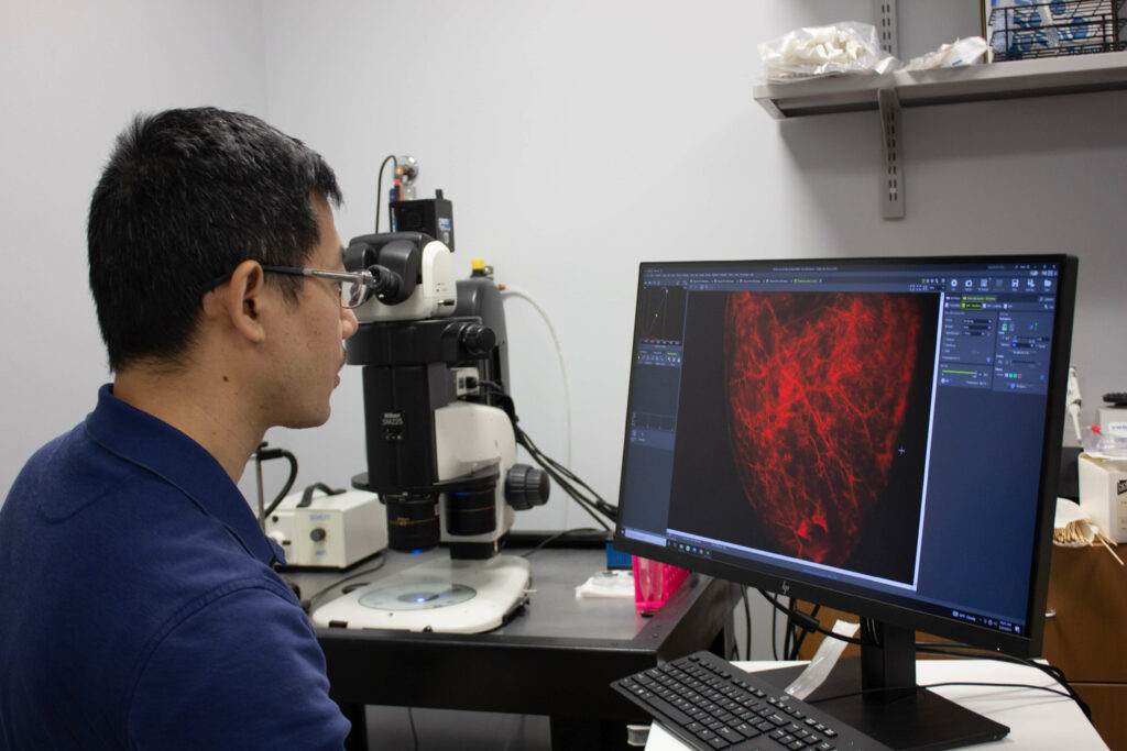 Zhiqiang Lin at a monitor reviewing research