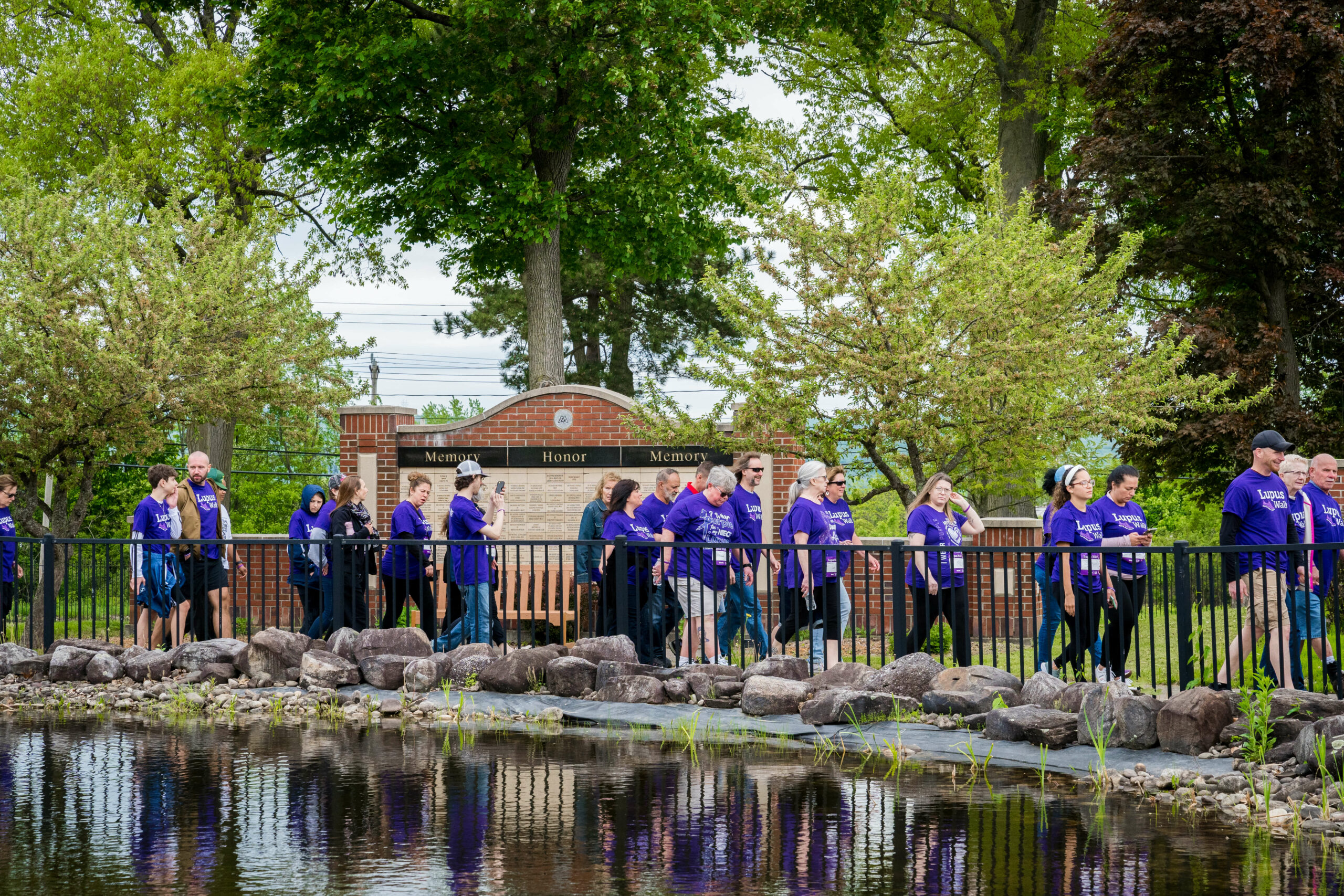 Group of walkers going around a pond