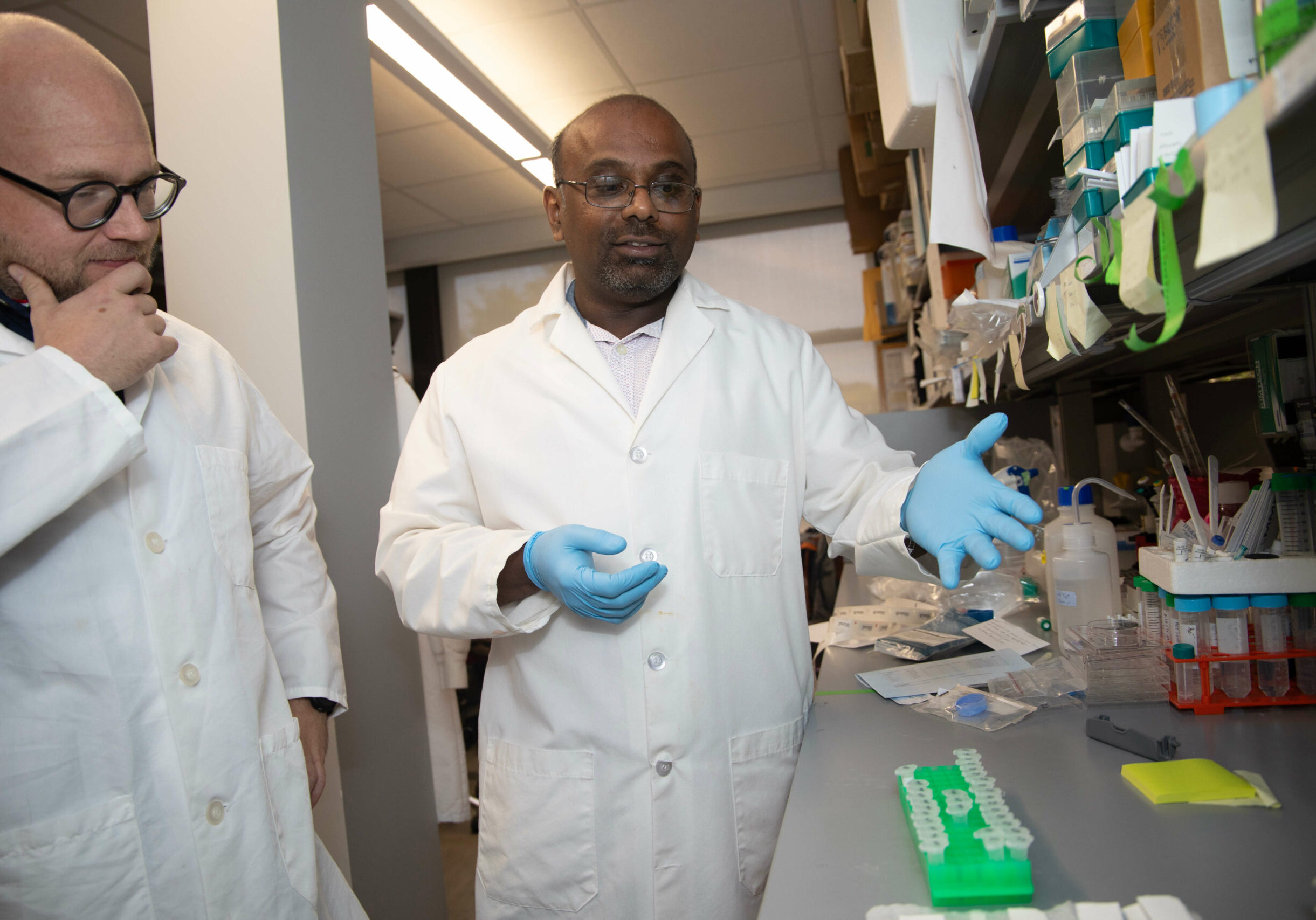 Lab workers discussing their research